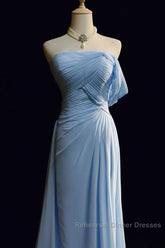 Gorgeous Blue A-Line Chiffon Pleated One Shoulder Slit Long Evening Gown Ball Gown Wedding Dress